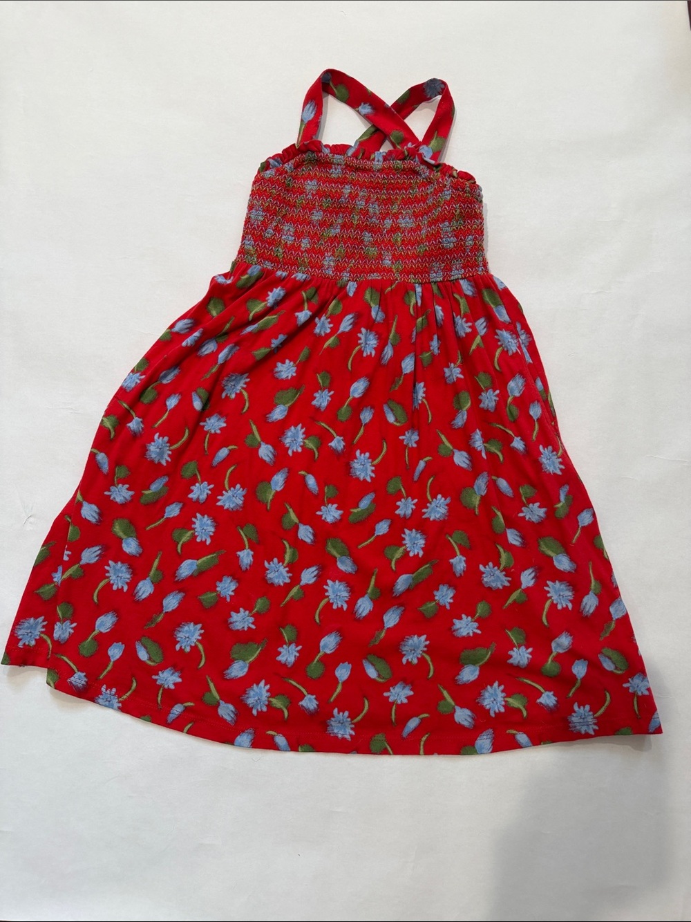 Crewcuts Red Floral Smocked Sundress with Blue Flowers